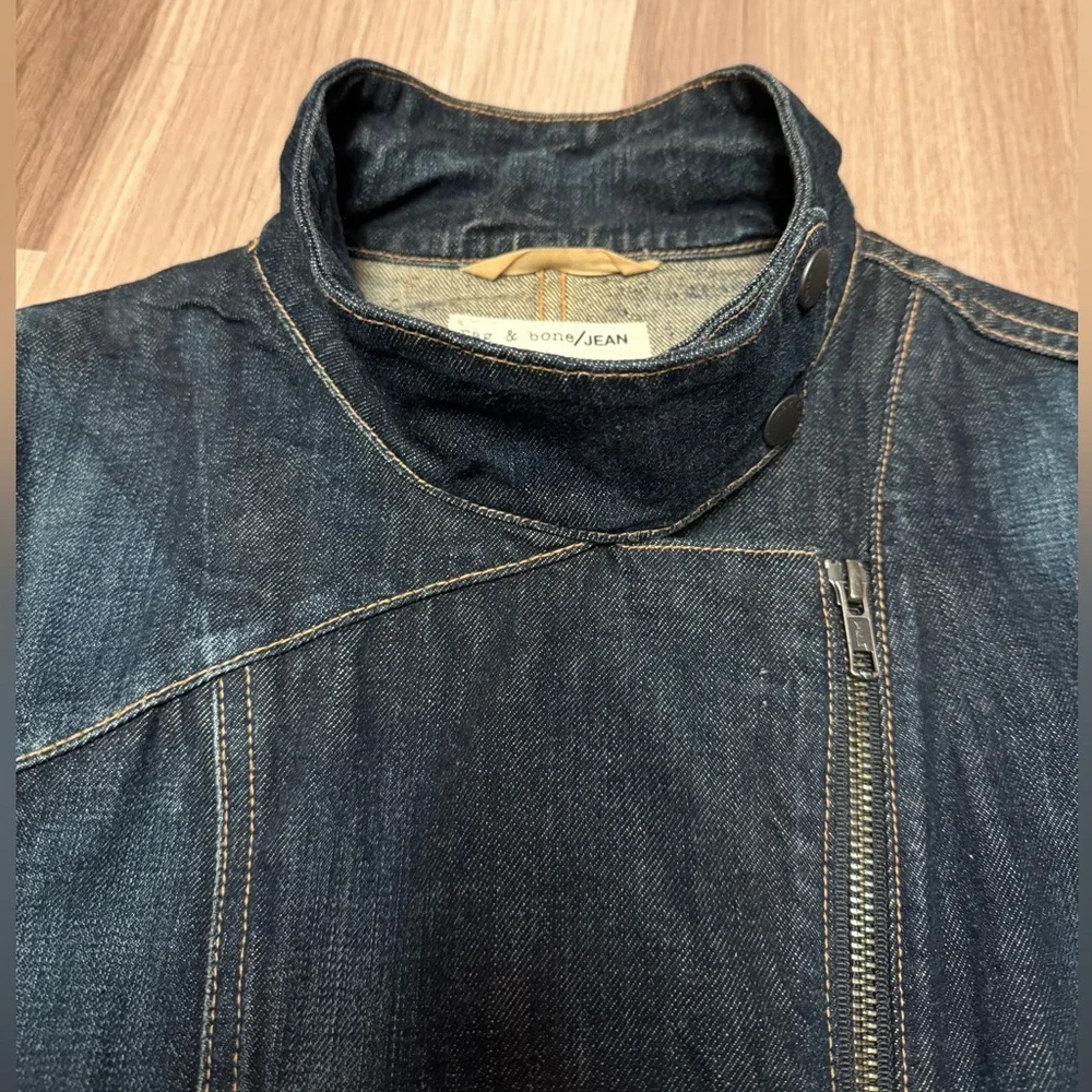 Rag & Bone Zip Front Leather Sleeve Moto Dark Denim Jean Jacket - Picture 4 of 10